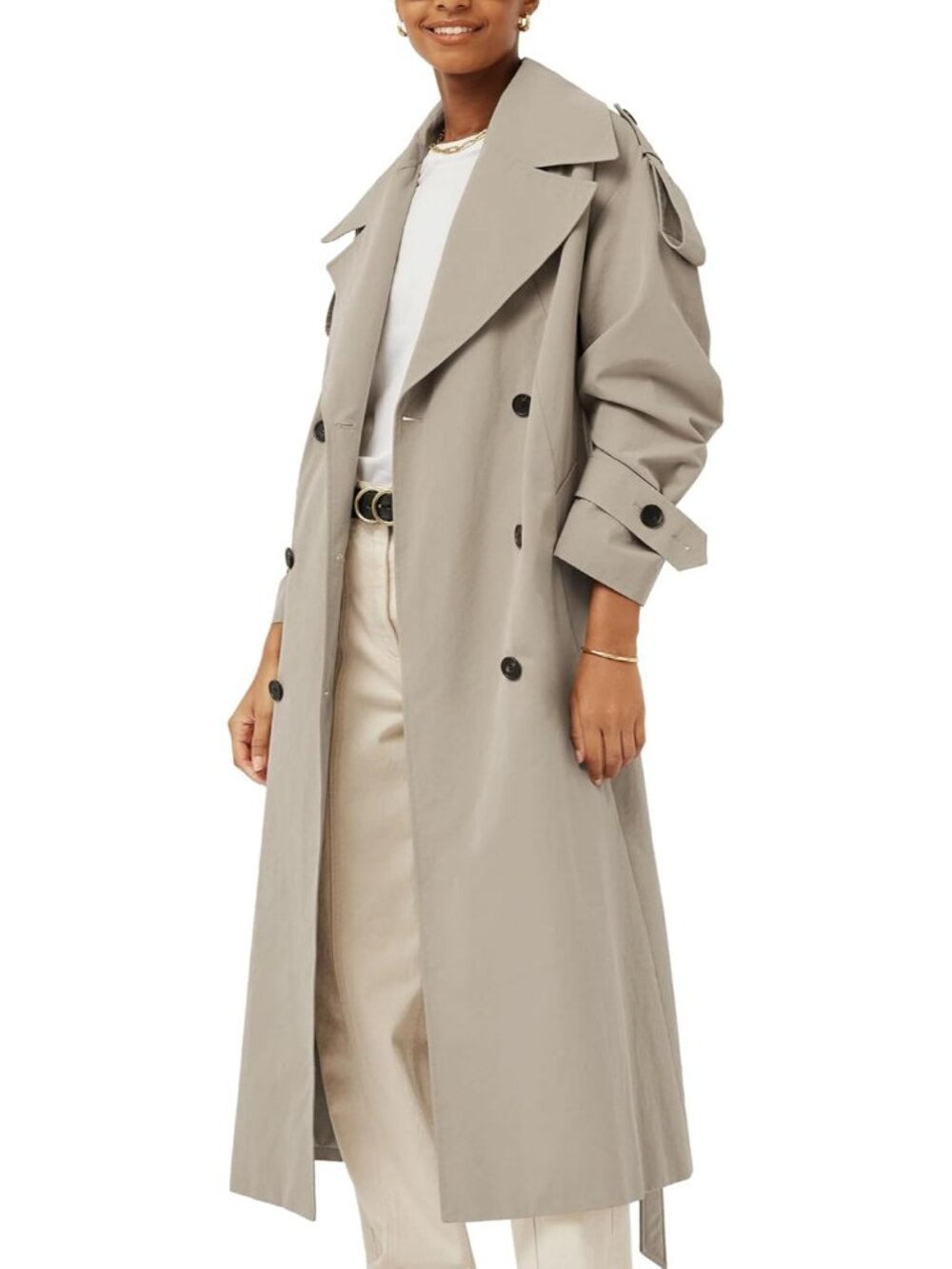 Women's Light Khaki Oversized Double Breasted Lapel Windproof Long Trench Coat - Picture 2 of 4